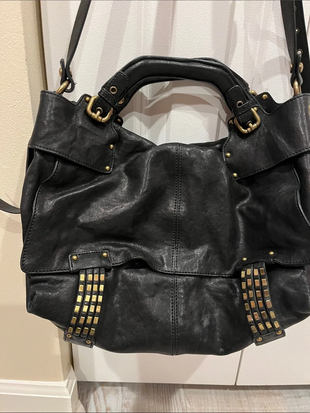 Kooba Black Leather Bag with Gold Studs